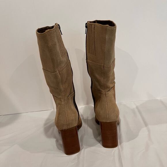 Vintage 90s Y2K Candies Boots Leather Patchwork Size 7 Tan Wood Heel Mid Calf - Picture 5 of 12